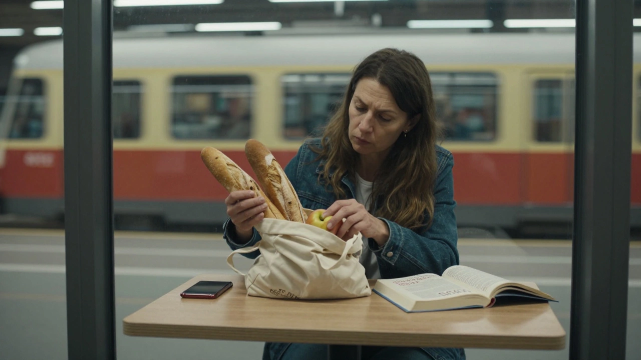 A woman shops quietly in a local grocery store, holding bread and apples, a French textbook open beside her.
