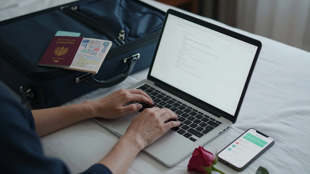 Hands typing on a laptop in a hotel room, surrounded by travel documents and a rose.