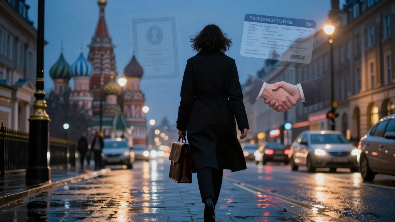 Silhouette of a woman walking through rainy London, symbolic overlays hinting at her journey.