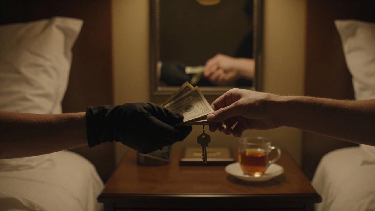 Two hands meet in a dim hotel room — one holding cash, the other placing a key — with blurred reflections and warm shadows.